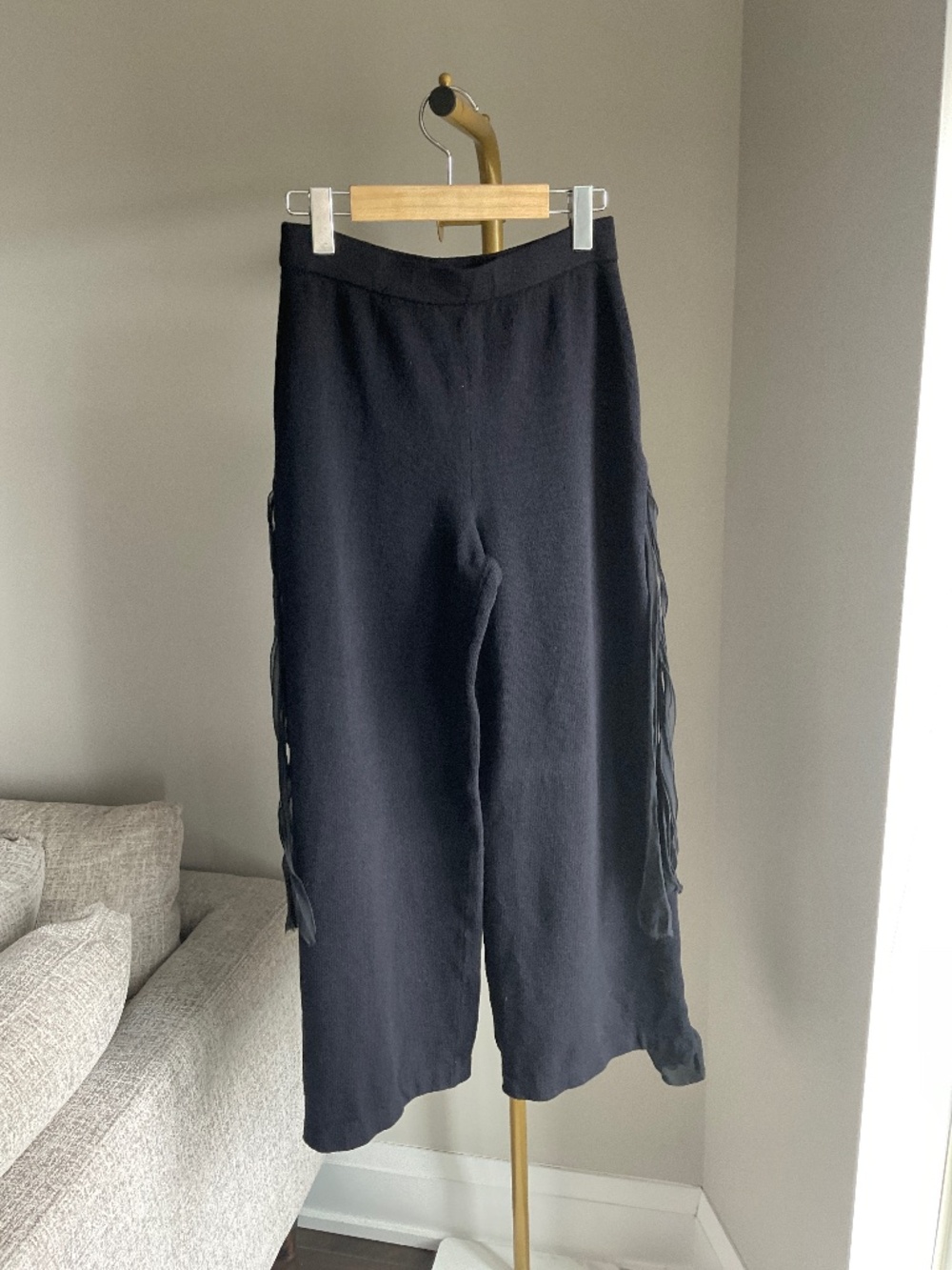 St. John Wool Knit Wide-Leg Pants w/ Sheer Panels